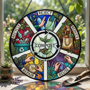 Puede incluir: Panel circular de vidriera con borde negro, que representa el ciclo de compostaje, reciclaje y reutilización. El panel presenta las palabras "RECHAZAR", "REDUCIR", "REUTILIZAR", "REPARAR", "RECICLAR" y "COMPOSTAR" con ilustraciones.
