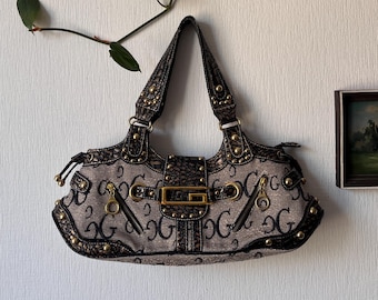 Y2K Guess Black Cloth Shoulder Bag Silver Hardware - Vintage Guess