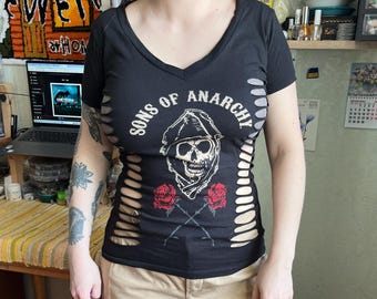 Maglietta Sons Of Anarchy Biker Punk Skull Graphic Cut Out