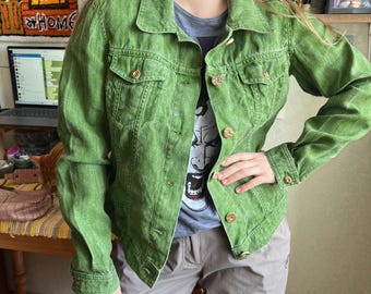 Giacca di lino verde H. Moser, blazer vintage verde oliva con bottoni
