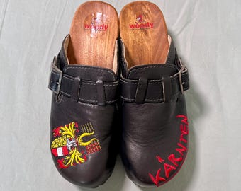 Vintage Leather Wooden Clogs Austrian Embroidered Wood Sole Shoes