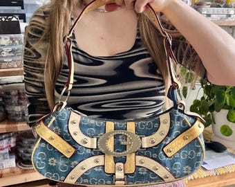 Gussaci Y2K denim schoudertas logo monogram bezaaid baguette McBling portemonnee