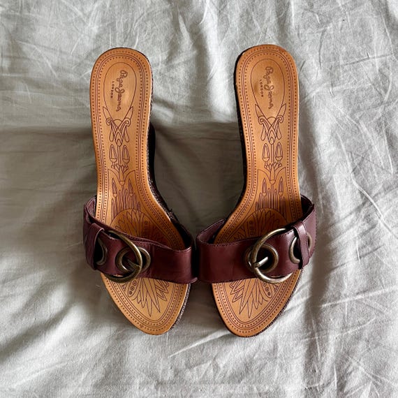 Pepe Jeans Leather Mules Brown Slide Sandals Minimal Vintage Buckle Shoes