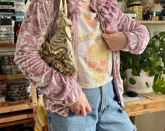 Giacca in velluto Roberto Cavalli viola con volant e zip, top femminile di design stile Y2K