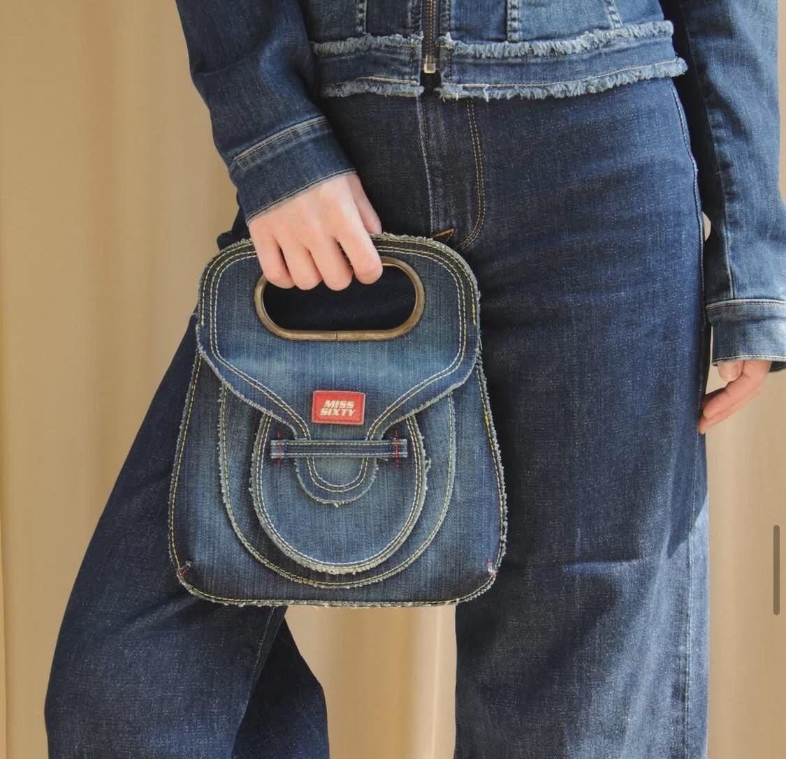 Miss Sixty Denim Mini Bag Top Handle Y2K Vintage Blue Jeans Purse 