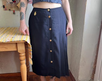 Gonna midi blu navy con bottoni, vita alta e pieghe, stile francese vintage