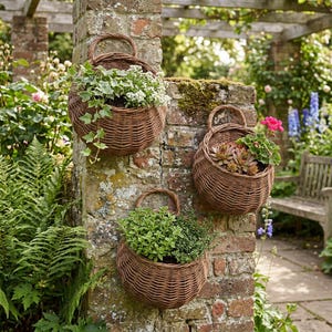 May include: Three brown wicker hanging baskets filled with greenery and flowers are mounted on a weathered brick wall. The baskets have a round shape with a handle at the top. The background includes a garden with a wooden bench.