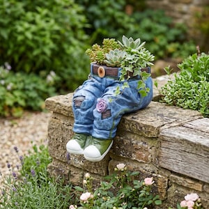 Maceta divertida con diseño de jeans, soporte de resina para plantas suculentas y decoración de jardín.