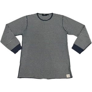 May include: A long-sleeve thermal shirt featuring a horizontal striped pattern in dark navy blue and white. The garment has a round neckline, solid navy blue cuffs at the wrists, and a small rectangular white brand label at the bottom left hem.