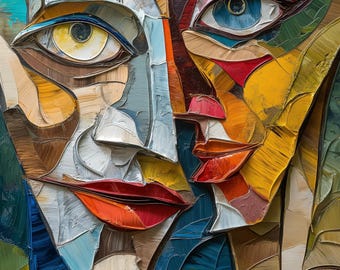 Un portrait abstrait moderne de deux personnes avec des couleurs vives et une forme géométrique | IMPRESSIONS IA | T-shirt graphique unisexe