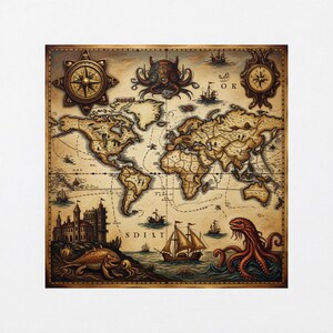 Puede incluir: Un mapa del mundo de estilo vintage con elementos náuticos. El mapa presenta una rosa de los vientos, barcos y monstruos marinos. La paleta de colores incluye tonos marrones, beige y dorados, dándole un aspecto antiguo. El mapa está enmarcado.