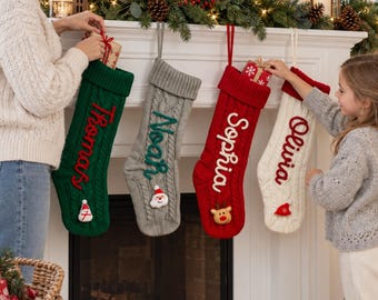 Personalised Christmas Stocking, Custom Yarn Name Cable Knit Stocking, Family Fireplace Decor, Kids Christmas Gift, Stocking Filler Bag
