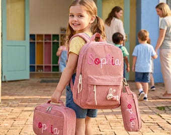 Personalized Corduroy Backpack Set for Kids, Custom Name Embroidered School Bag, Lunch Bag & Pencil Case Set, Back to School Toddler Gift