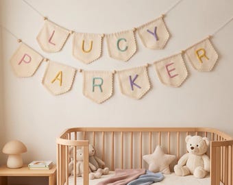 Personalized Name Banner, Custom Yarn Letter Garland, Lace Pennant Nursery Decor, Baby Room Wall Hanging, Baby Shower Gift