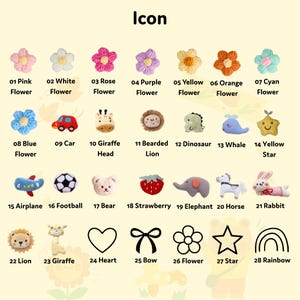 K&ouml;nnte beinhalten: Eine Sammlung farbenfroher, handgefertigter Filz-Icons, darunter Blumen, Tiere und Formen. Das Bild zeigt eine Vielzahl von Designs, wie ein Auto, eine Giraffe, ein L&ouml;we, ein Dinosaurier, ein Wal und ein Stern. Jedes Icon ist mit einer Nummer und einer Beschreibung versehen.