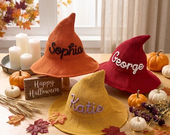 Personalized Halloween Witch Hat, Custom Name Kids Halloween Hat, Crochet Wizard Hat, Trick or Treat Costume, Halloween Gift for Kids
