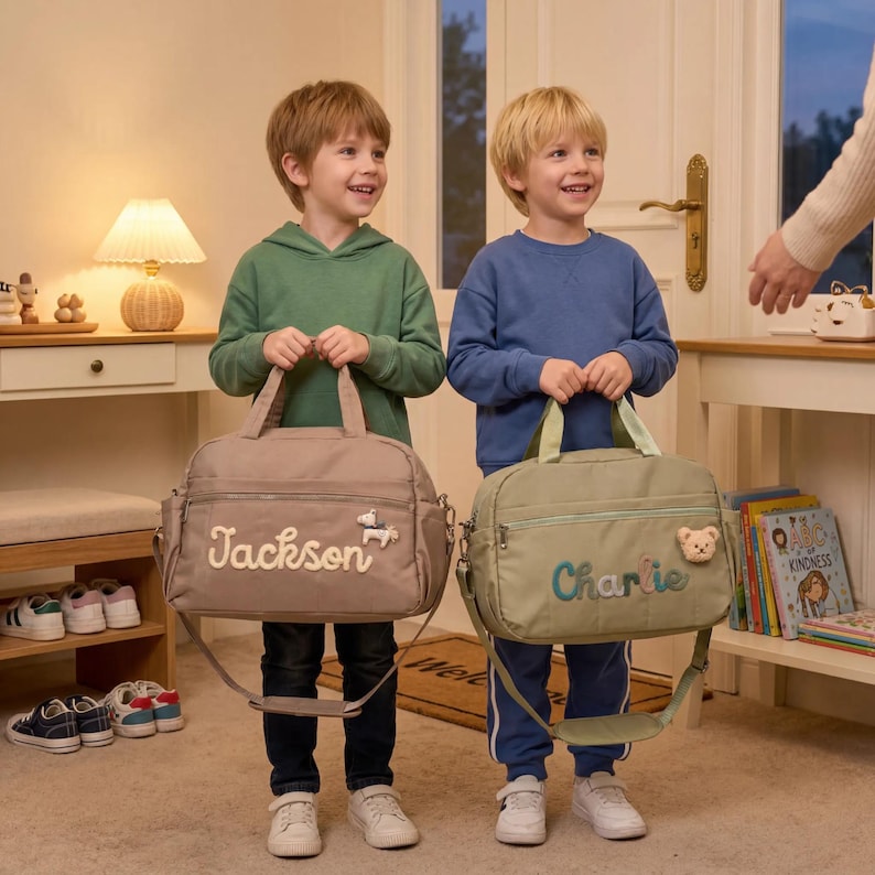 K&ouml;nnte beinhalten: Zwei Kinder halten personalisierte Reisetaschen. Eine Tasche ist taupefarben mit wei&szlig; gesticktem "Jackson", die andere olivgr&uuml;n mit blau gesticktem "Charlie". Beide Taschen haben einen Schultergurt und ein kleines dekoratives Element.
