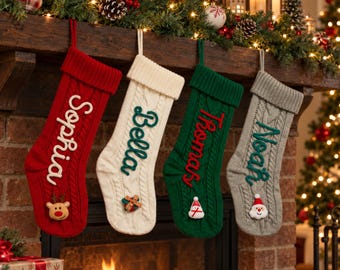 Personalised Christmas Stocking, Custom Yarn Name Cable Knit Stocking, Family Fireplace Decor, Kids Christmas Gift, Stocking Filler Bag