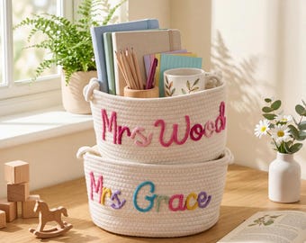 Personalized Teacher Basket, Custom Name Rope Storage Basket, Teacher Appreciation Gift, Classroom Organizer, Thank You Gift