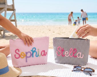 Personalized Seersucker Makeup Bag, Custom Chenille Name Cosmetic Pouch, Striped Travel Toiletry Bag, Beach Vacation Gift for Her