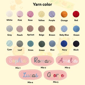 K&ouml;nnte beinhalten: Eine Farbkarte mit Garnfarben, die eine Vielzahl von Farben zeigt: Wei&szlig;, Rosa, Rose, Gelb, Lila, Orange, Rot, Grau, Pfirsich, Aprikose, Beige, Braun, Babyblau, Ozean, Cyan, Blatt, Gras, Gr&uuml;n, Blau, Marine und Schwarz. Enth&auml;lt Namensschilder mit den Namen Sophia, Roman, Amelia, Lucas und George.