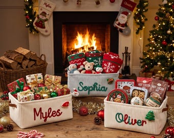 Christmas Corduroy Basket, Personalized Name Gift Basket, Custom Holiday Storage Bin, Kids Christmas Eve Box, Festive Toy Organizer