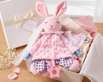 Personalized Minky Dot Lovey Blanket, Embroidered Name Security Blanket, Crinkle Sensory Baby Comforter, Bunny Elephant Baby Gift