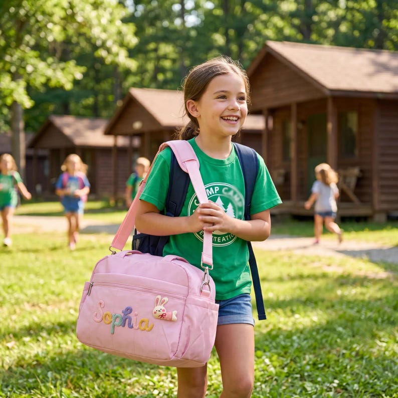 K&ouml;nnte beinhalten: Eine rosa Sporttasche mit dem Namen "Sophia" in bunten Buchstaben gestickt und einem Hasenanh&auml;nger. Die Tasche hat einen Schultergurt und wird von einer Person getragen, die ein gr&uuml;nes T-Shirt mit einem Camp-Logo und einen Rucksack tr&auml;gt. Im Hintergrund sind Holzh&uuml;tten zu sehen.