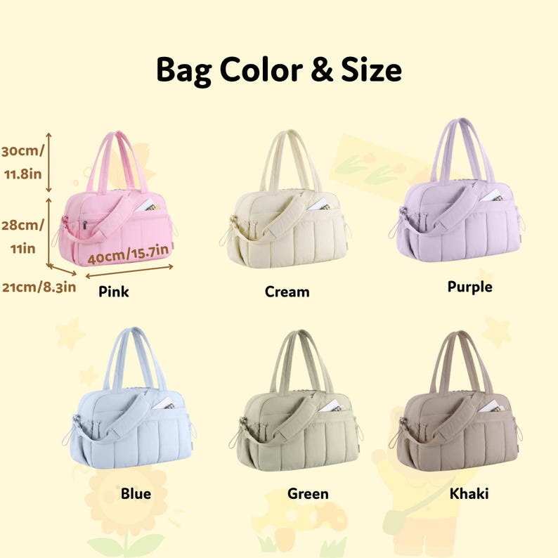 K&ouml;nnte beinhalten: Sechs gepolsterte Tragetaschen in den Farben Rosa, Creme, Lila, Blau, Gr&uuml;n und Khaki. Die Taschen sind ca. 40 cm breit, 28 cm hoch und 21 cm tief. Der Text "Bag Color & Size" ist enthalten.