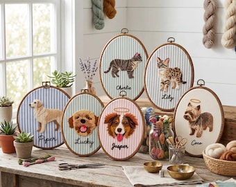Handmade Personalized Pet Portrait in Wooden Hoop - Custom 3D Animal Art Memorial - Unique Pet Keepsake with Custom Fabric & Pet Name
