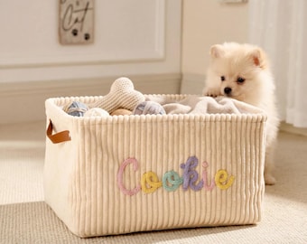 Personalized Pet Toy Basket, Custom Dog Toy Storage Bin, Embroidered Pet Organizer, Dog Lover Gift, Cat Toy Basket