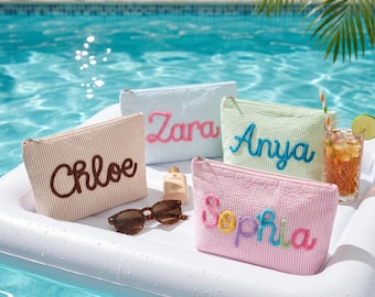 Personalized Seersucker Makeup Bag, Custom Chenille Name Cosmetic Pouch, Striped Travel Toiletry Bag, Beach Vacation Gift for Her