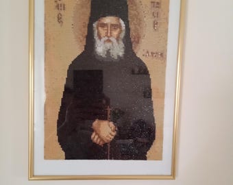 Saint Paisios Diamond Painting Framed Icon 30x40 cm | Orthodox Christian Wall Art | Handmade Religious Decor | Gold Frame