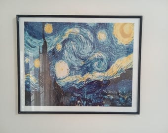 Ingelijste diamanten schilderij Sterrennacht, door Van Gogh geïnspireerde muurkunst, 40 x 50 cm handgemaakt kristallen canvas, sprankelend mozaïekkunstwerk, klaar om op te hangen