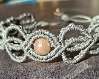 Gray boho macramé bracelet with quartz