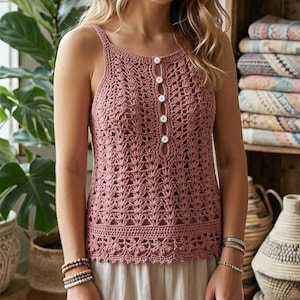 Peut inclure: Un débardeur en crochet rose poudré avec une boutonnière sur le devant. Le haut présente un motif ajouré délicat et de fines bretelles. Le modèle porte le haut avec un pantalon de couleur claire. L'arrière-plan comprend des plantes, des paniers et une étagère en bois.
