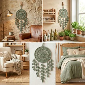 May include: A sage green dream catcher with a circular, detailed design and leaf-shaped accents. The wall hanging is displayed in various interior settings, including a bedroom and living room, showcasing its decorative appeal.