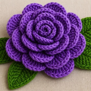 Può includere: Un fiore fatto a mano, all'uncinetto, nelle tonalità del viola, con foglie verdi. I petali del fiore sono meticolosamente lavorati, mostrando un centro a spirale e un design a strati. Le foglie sono di un verde vibrante, che aggiunge contrasto al fiore viola.