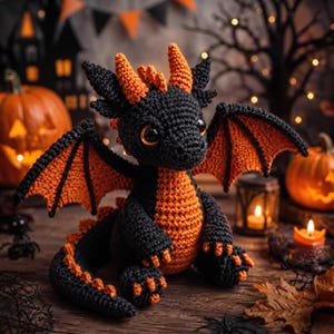 May include: A crocheted dragon plush toy featuring a black body with vibrant orange accents on the wings, belly, horns, and tail spikes. The creature has large, dark, glossy eyes and is crafted with a detailed, textured yarn stitch pattern.