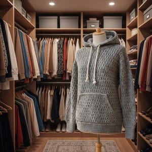 May include: A light gray, handmade crochet hoodie with a front pocket and a drawstring hood. The hoodie is displayed on a mannequin in a walk-in closet filled with various clothing items. The closet has wooden shelves and hanging rods.