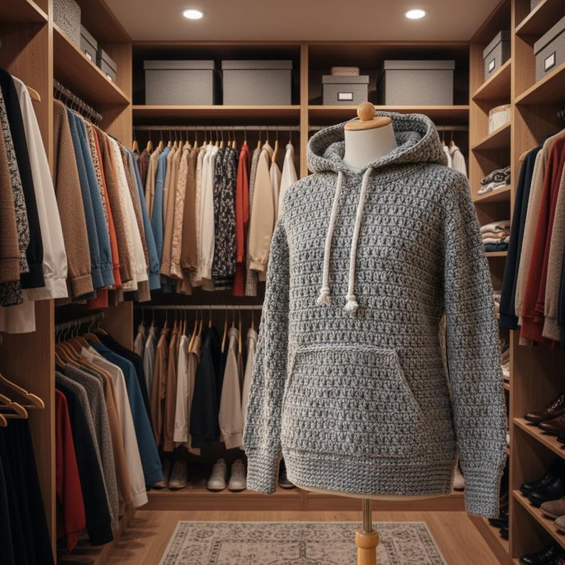May include: A light gray, handmade crochet hoodie with a front pocket and a drawstring hood. The hoodie is displayed on a mannequin in a walk-in closet filled with various clothing items. The closet has wooden shelves and hanging rods.