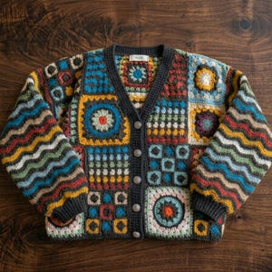 May include: A colorful, patchwork crochet cardigan with a V-neck and button closure. The sweater features a variety of square patterns in shades of blue, yellow, red, and green. The sleeves have a striped design, and the cardigan is laid on a wooden surface.