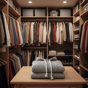 May include: A well-organized walk-in closet with various clothing items hanging on wooden hangers. A folded gray knit hoodie with a white drawstring sits on a wooden table in the center of the room. The closet has multiple shelves and storage boxes.