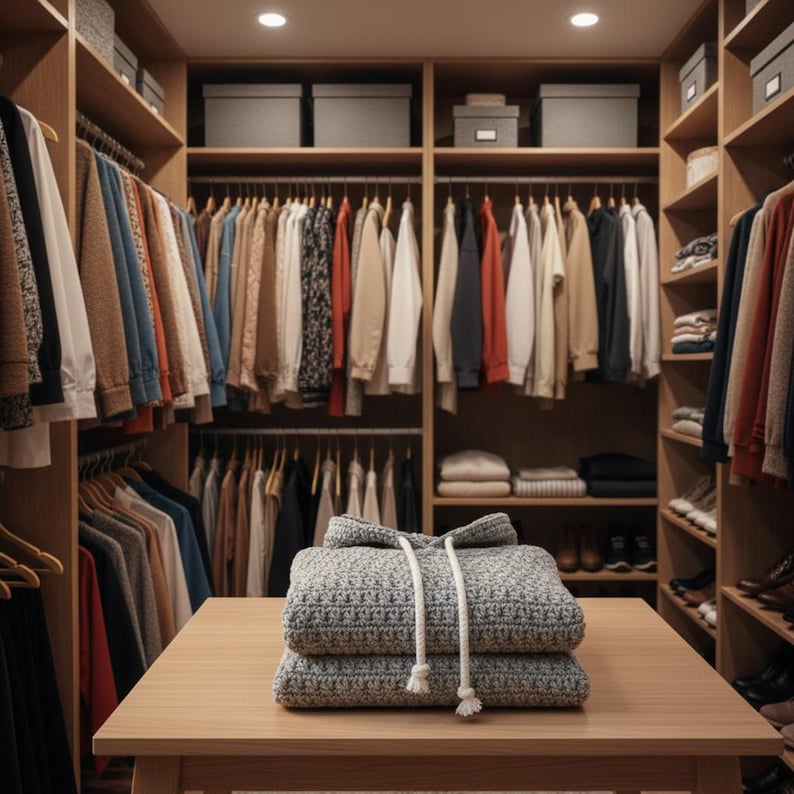 May include: A well-organized walk-in closet with various clothing items hanging on wooden hangers. A folded gray knit hoodie with a white drawstring sits on a wooden table in the center of the room. The closet has multiple shelves and storage boxes.