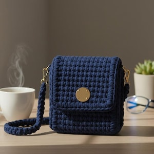 Peut inclure: Un sac bandoulière en crochet bleu marine avec un rabat et un fermoir circulaire doré. Le sac a une bandoulière assortie et des accessoires dorés. Une tasse blanche, des lunettes et une petite plante en pot sont en arrière-plan.