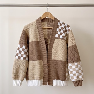 Oversized Crochet Patchwork Cardigan Pattern, Checkerboard Design (Digital Download)
