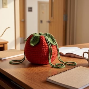 May include: A handmade red crochet bag shaped like a strawberry, with green leaves and a drawstring closure. The bag sits on a wooden desk next to a notebook, a mug, and a pen. The bag is approximately 7 inches in diameter.