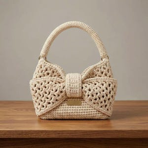 May include: A beige crochet handbag featuring a structured bow design on the front. The bag has a single rounded top handle and a textured, open-weave pattern throughout the body. A small, rectangular gold-toned metal plate is centered on the bow.