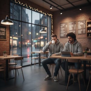 May include: Two people are seated at a wooden table in a cafe, one drinking from a white mug and the other using a tablet. They are wearing gray hooded sweatshirts and jeans. The cafe has a brick wall, large windows, and pendant lights.