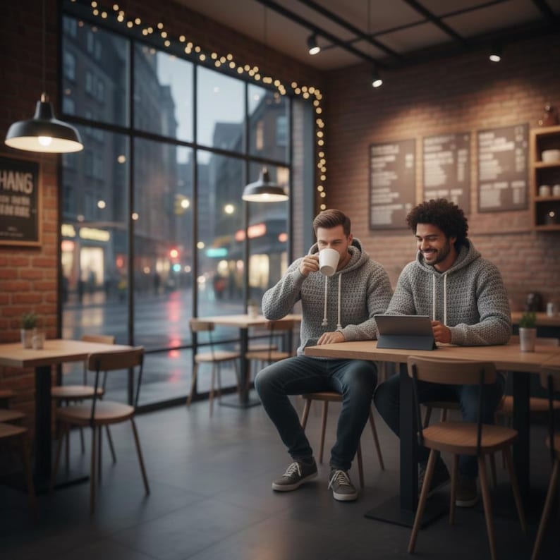 May include: Two people are seated at a wooden table in a cafe, one drinking from a white mug and the other using a tablet. They are wearing gray hooded sweatshirts and jeans. The cafe has a brick wall, large windows, and pendant lights.